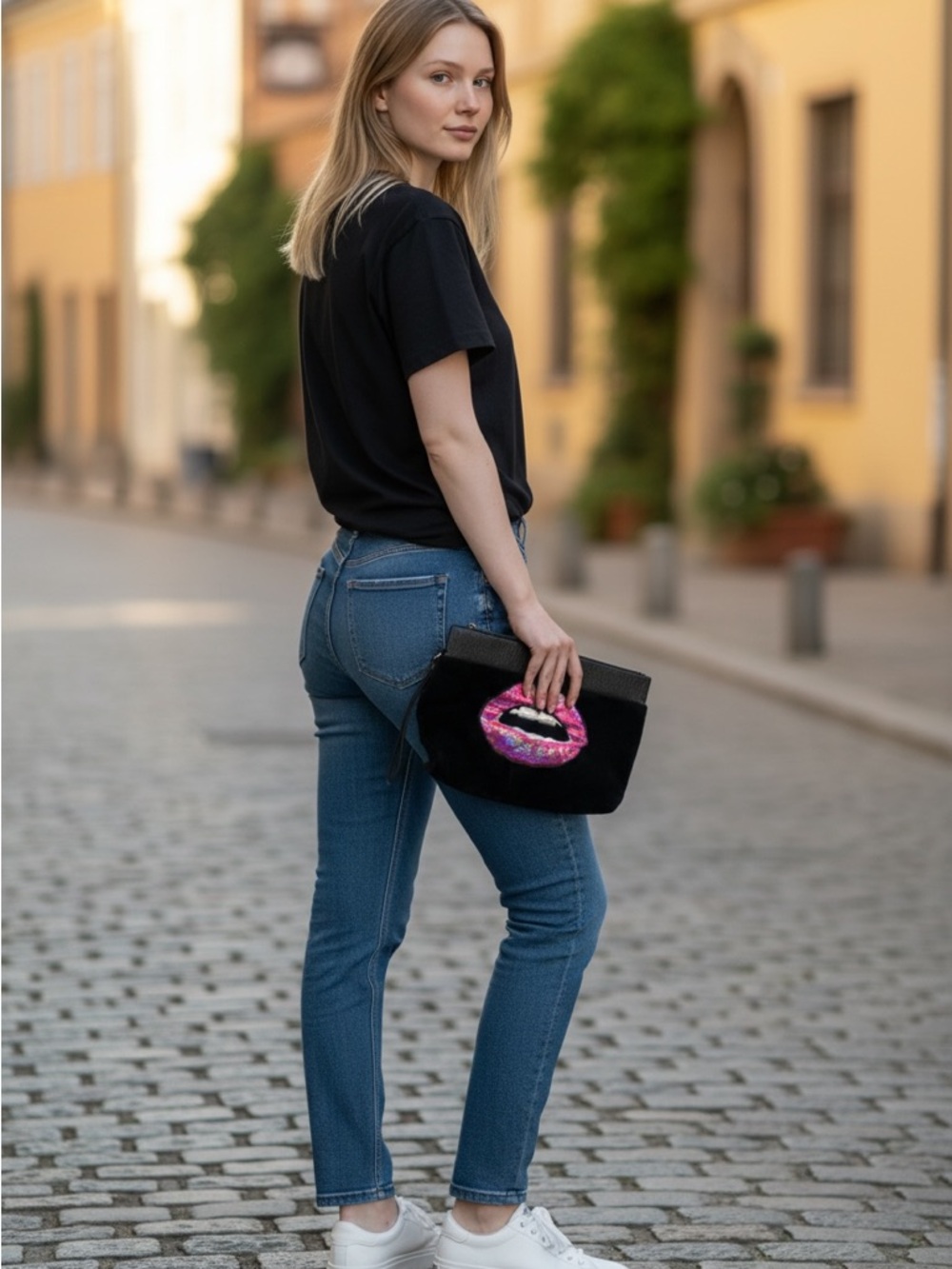 Juicy couture Black Velvet Hand Clutch with Pink Sequin Lip Accent